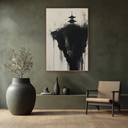 Floating Crag Pagoda Dripping Ink wall art in a calm Japandi-style room – black ink pagoda silhouette on a dark cliff