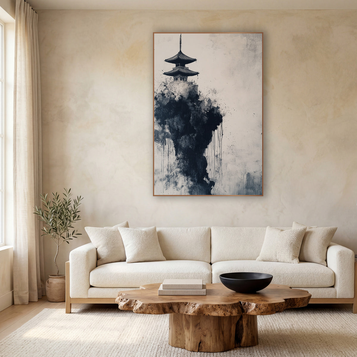 Left Pagoda Misty Spire Ink wall art in a calm Japandi-style room – two-tier pagoda atop a dark black ink cliff