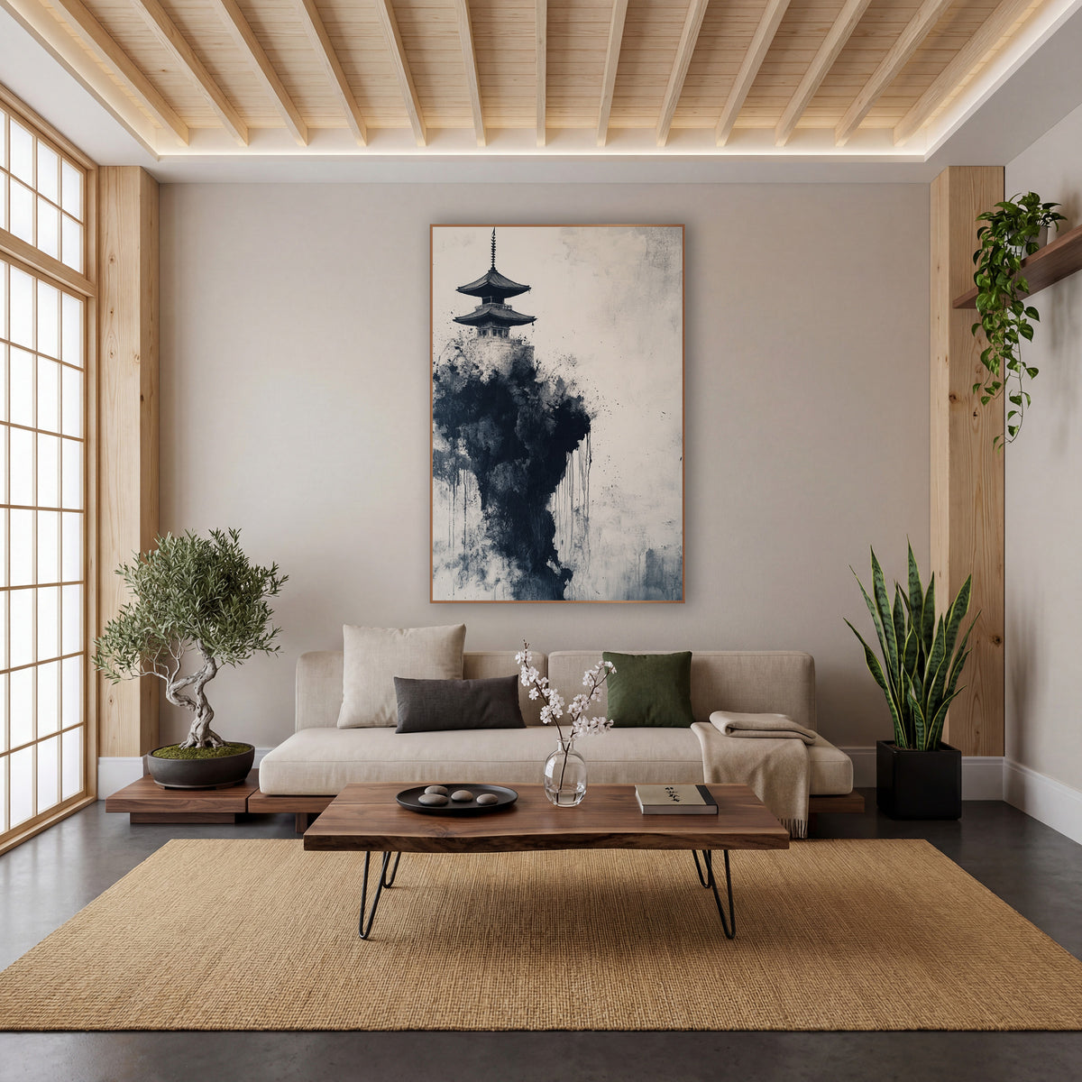 Left Pagoda Misty Spire Ink wall art in a calm Japandi-style room – two-tier pagoda atop a dark black ink cliff