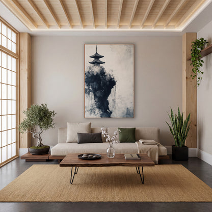 Left Pagoda Misty Spire Ink wall art in a calm Japandi-style room – two-tier pagoda atop a dark black ink cliff