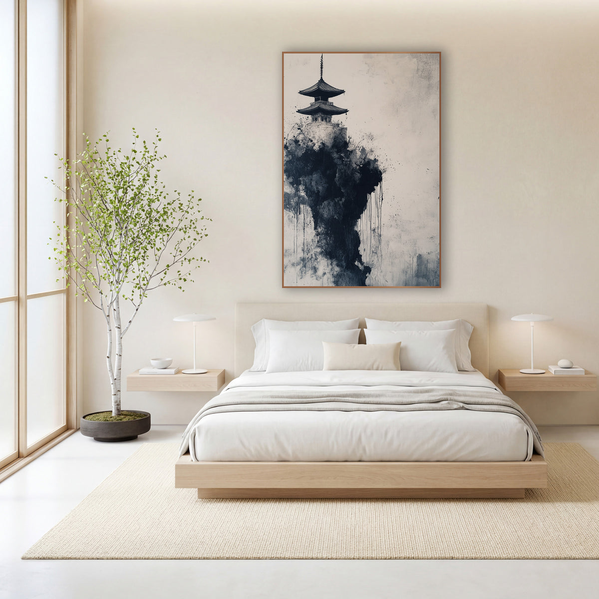 Left Pagoda Misty Spire Ink wall art in a calm Japandi-style room – two-tier pagoda atop a dark black ink cliff