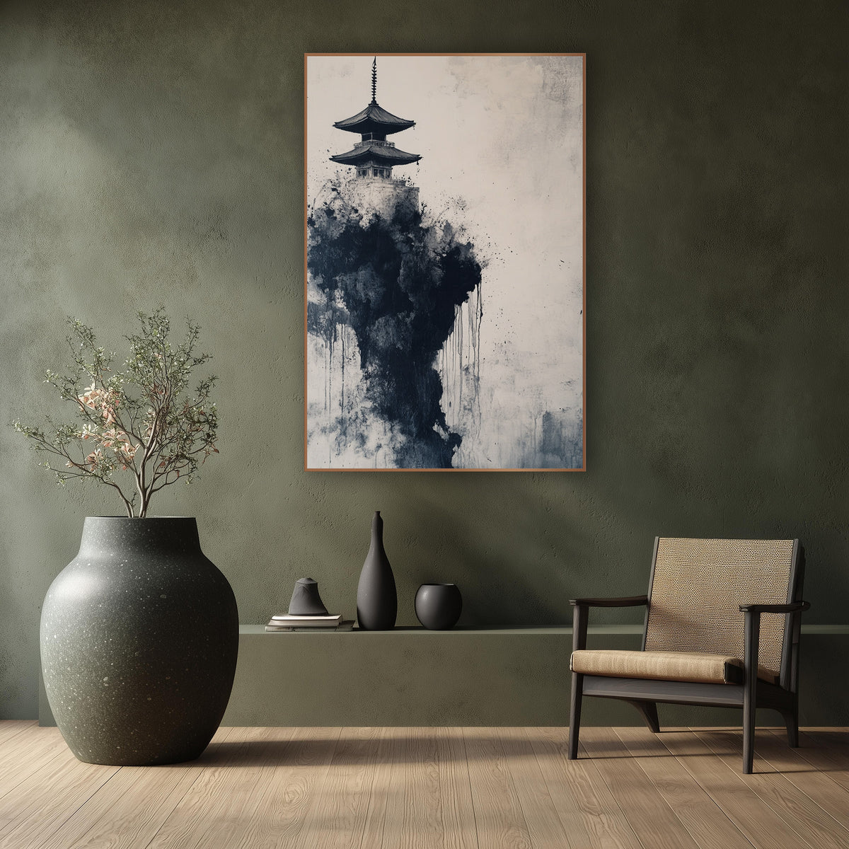 Left Pagoda Misty Spire Ink wall art in a calm Japandi-style room – two-tier pagoda atop a dark black ink cliff