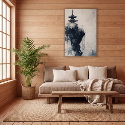 Left Pagoda Misty Spire Ink wall art in a calm Japandi-style room – two-tier pagoda atop a dark black ink cliff