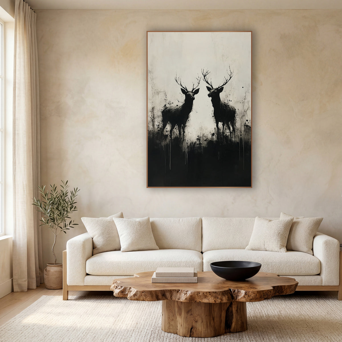 Twin Stag Silhouettes Ink Style wall art in a calm Japandi-style room – two black antlered deer in silhouette facing
