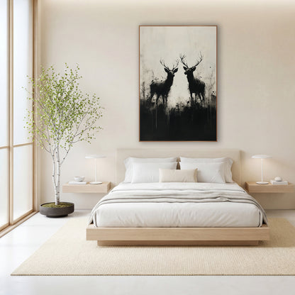 Twin Stag Silhouettes Ink Style wall art in a calm Japandi-style room – two black antlered deer in silhouette facing