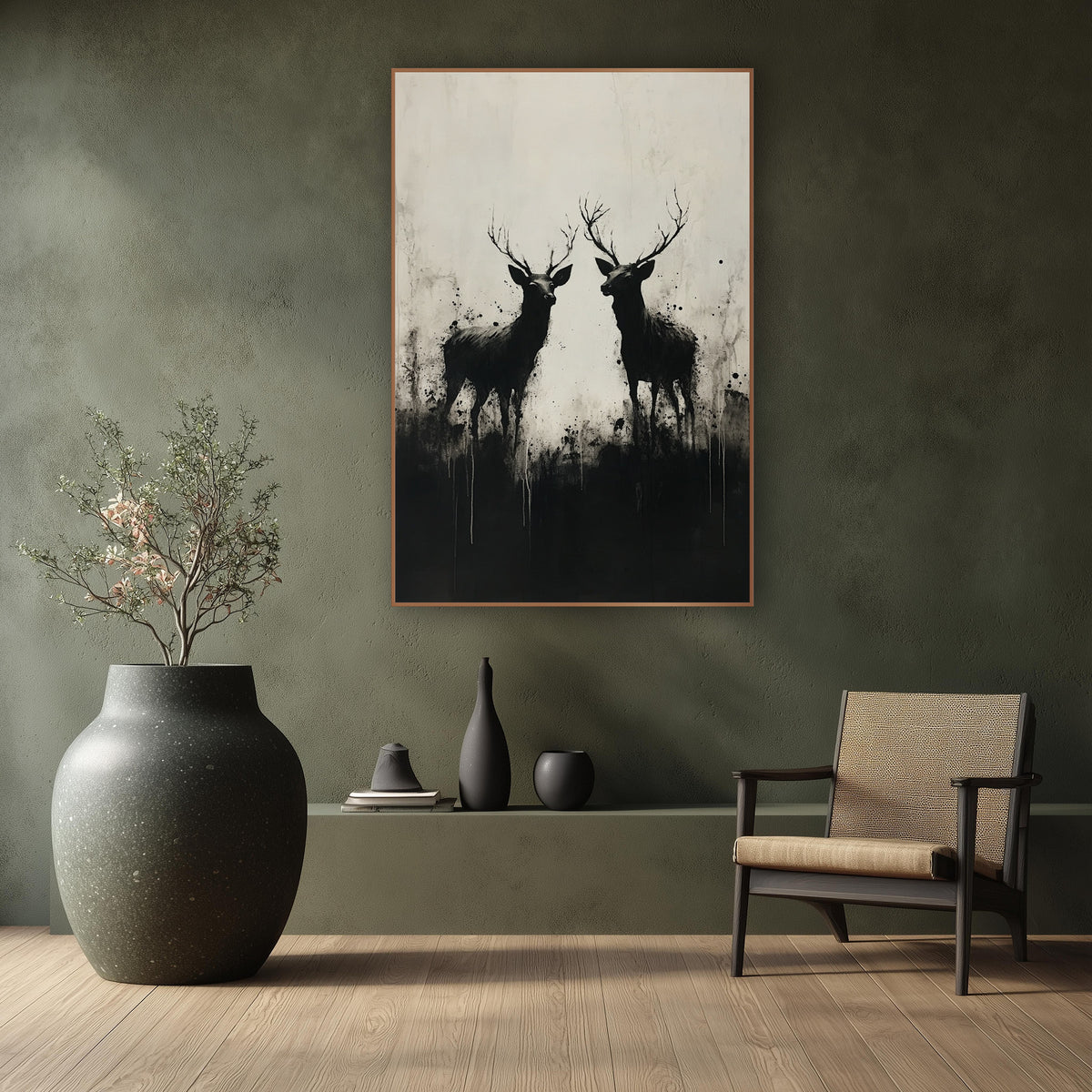 Twin Stag Silhouettes Ink Style wall art in a calm Japandi-style room – two black antlered deer in silhouette facing