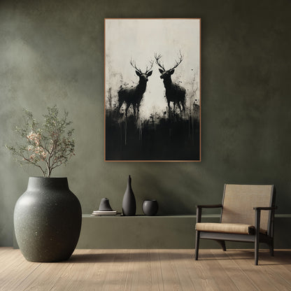Twin Stag Silhouettes Ink Style wall art in a calm Japandi-style room – two black antlered deer in silhouette facing
