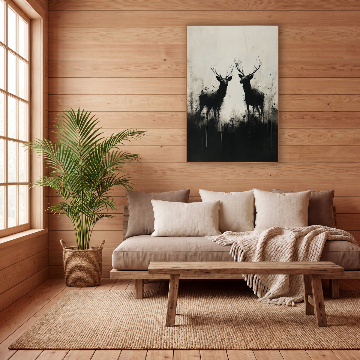 Twin Stag Silhouettes Ink Style wall art in a calm Japandi-style room – two black antlered deer in silhouette facing