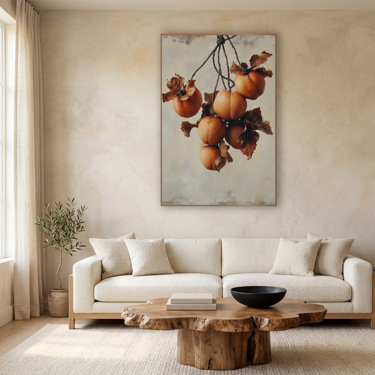 Hanging Persimmon Cluster Still Life wall art in a calm Japandi-style room – six orange persimmons with curled brown