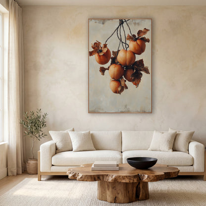 Hanging Persimmon Cluster Still Life wall art in a calm Japandi-style room – six orange persimmons with curled brown