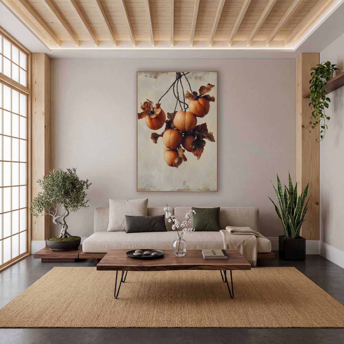 Hanging Persimmon Cluster Still Life wall art in a calm Japandi-style room – six orange persimmons with curled brown