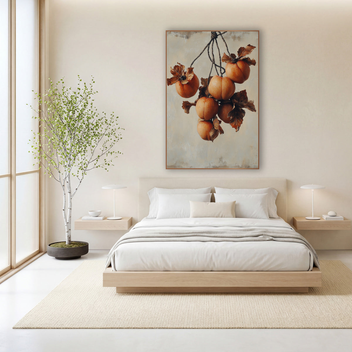 Hanging Persimmon Cluster Still Life wall art in a calm Japandi-style room – six orange persimmons with curled brown