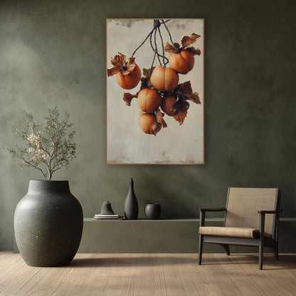 Hanging Persimmon Cluster Still Life wall art in a calm Japandi-style room – six orange persimmons with curled brown