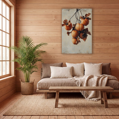 Hanging Persimmon Cluster Still Life wall art in a calm Japandi-style room – six orange persimmons with curled brown