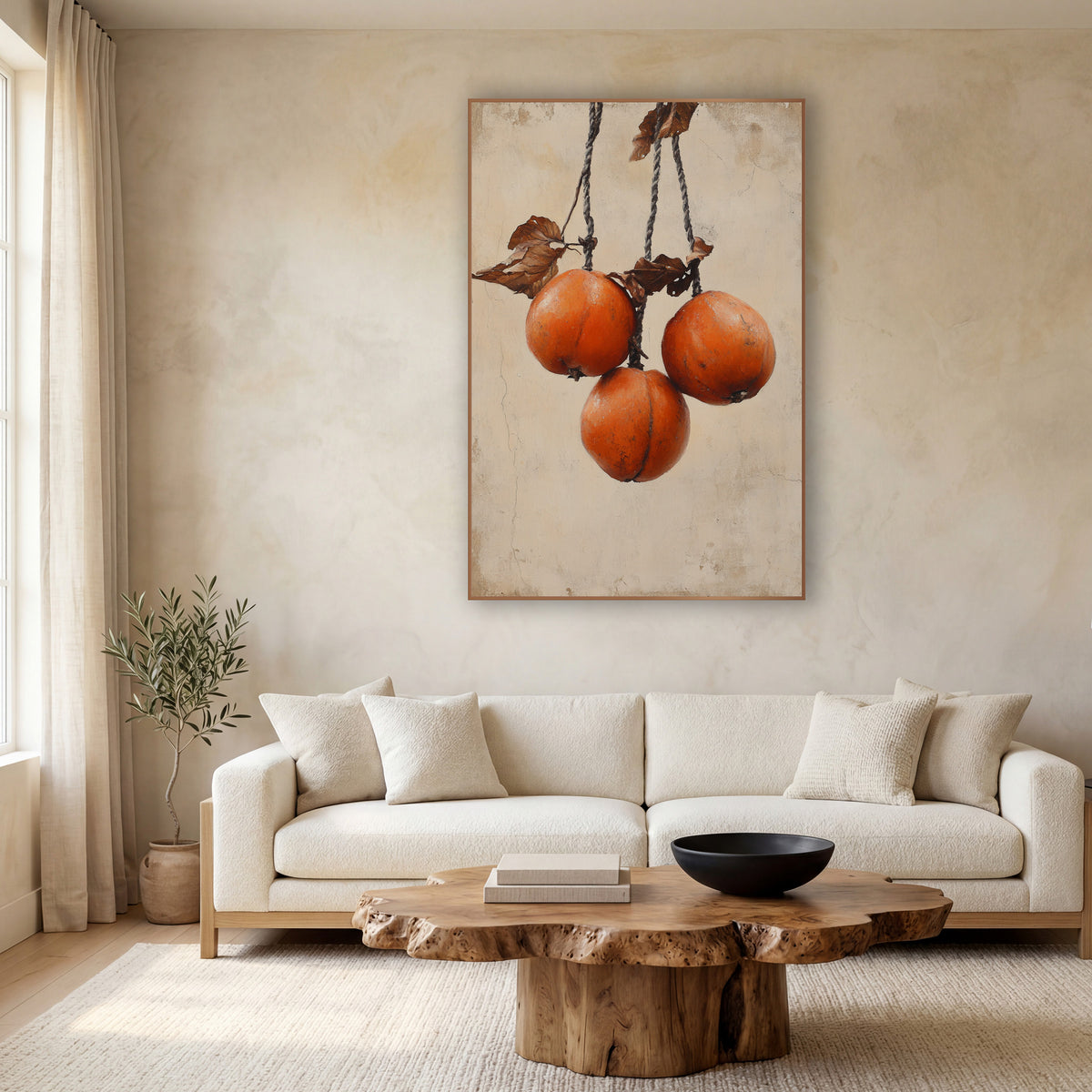Hanging Persimmons Rustic Japandi wall art in a calm Japandi-style room – three orange persimmons hanging from twisted