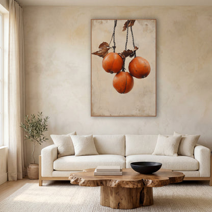 Hanging Persimmons Rustic Japandi wall art in a calm Japandi-style room – three orange persimmons hanging from twisted