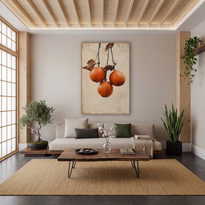 Hanging Persimmons Rustic Japandi wall art in a calm Japandi-style room – three orange persimmons hanging from twisted