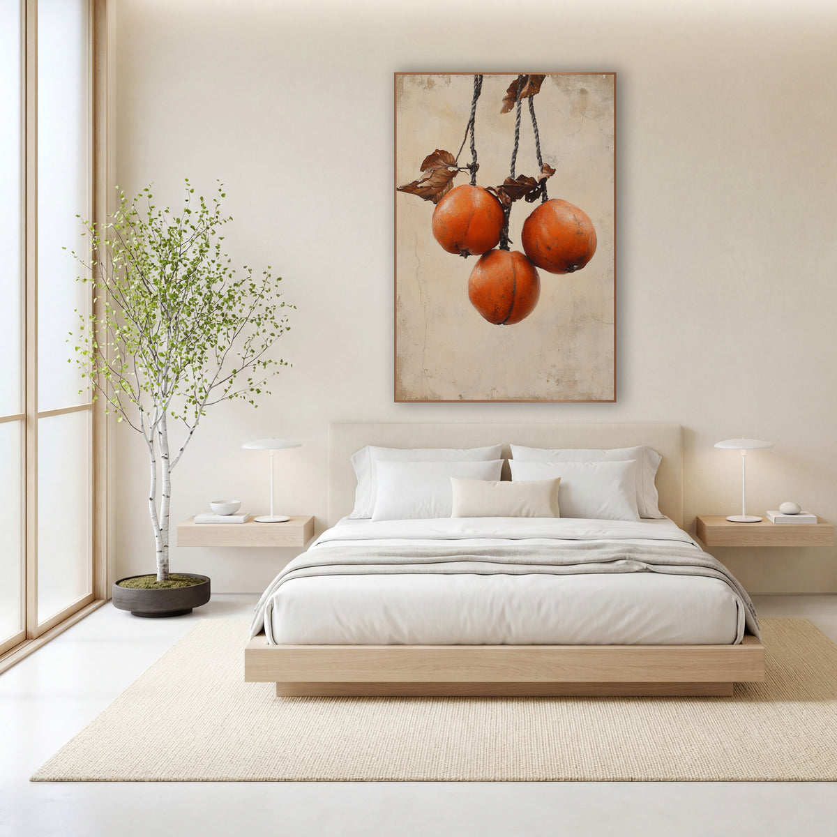 Hanging Persimmons Rustic Japandi wall art in a calm Japandi-style room – three orange persimmons hanging from twisted