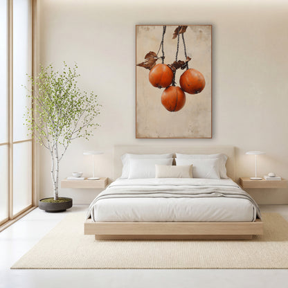 Hanging Persimmons Rustic Japandi wall art in a calm Japandi-style room – three orange persimmons hanging from twisted