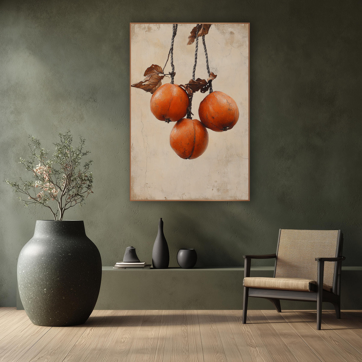 Hanging Persimmons Rustic Japandi wall art in a calm Japandi-style room – three orange persimmons hanging from twisted