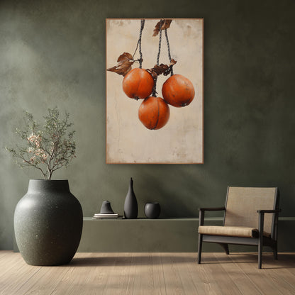 Hanging Persimmons Rustic Japandi wall art in a calm Japandi-style room – three orange persimmons hanging from twisted