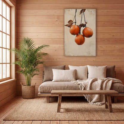 Hanging Persimmons Rustic Japandi wall art in a calm Japandi-style room – three orange persimmons hanging from twisted