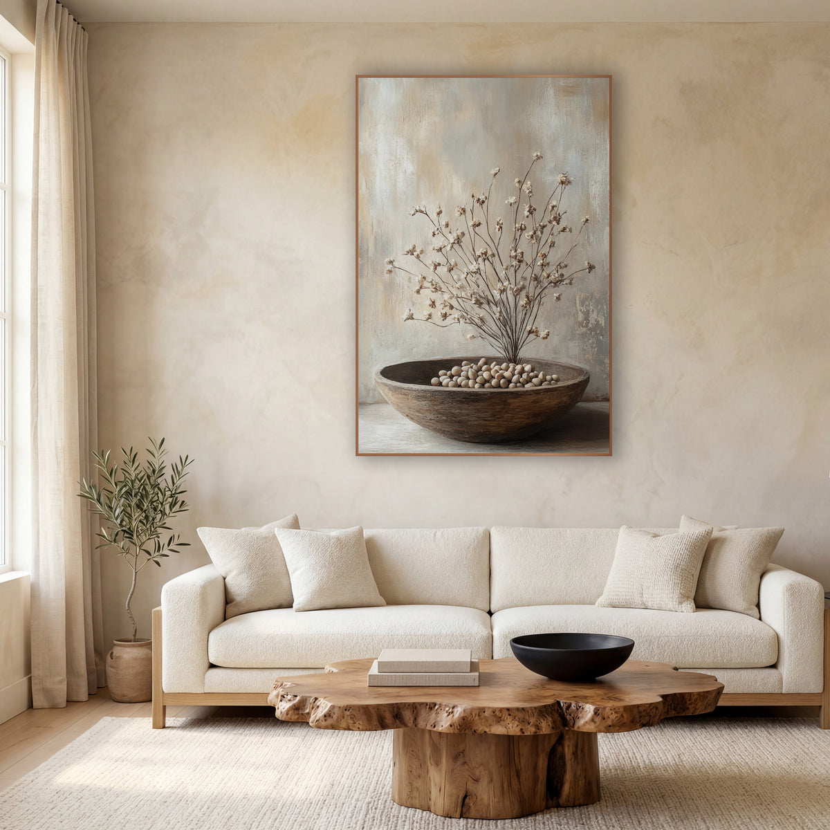 Dried Blossom Branches Neutral Still Life wall art in a calm Japandi-style room – still life of dried branches