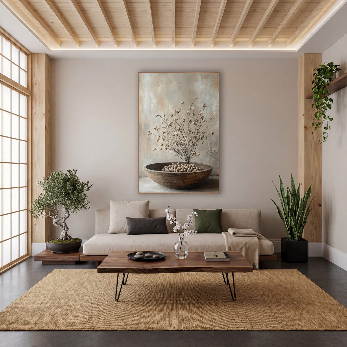 Dried Blossom Branches Neutral Still Life wall art in a calm Japandi-style room – still life of dried branches