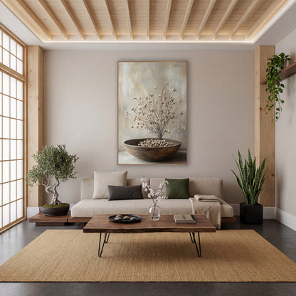 Dried Blossom Branches Neutral Still Life wall art in a calm Japandi-style room – still life of dried branches