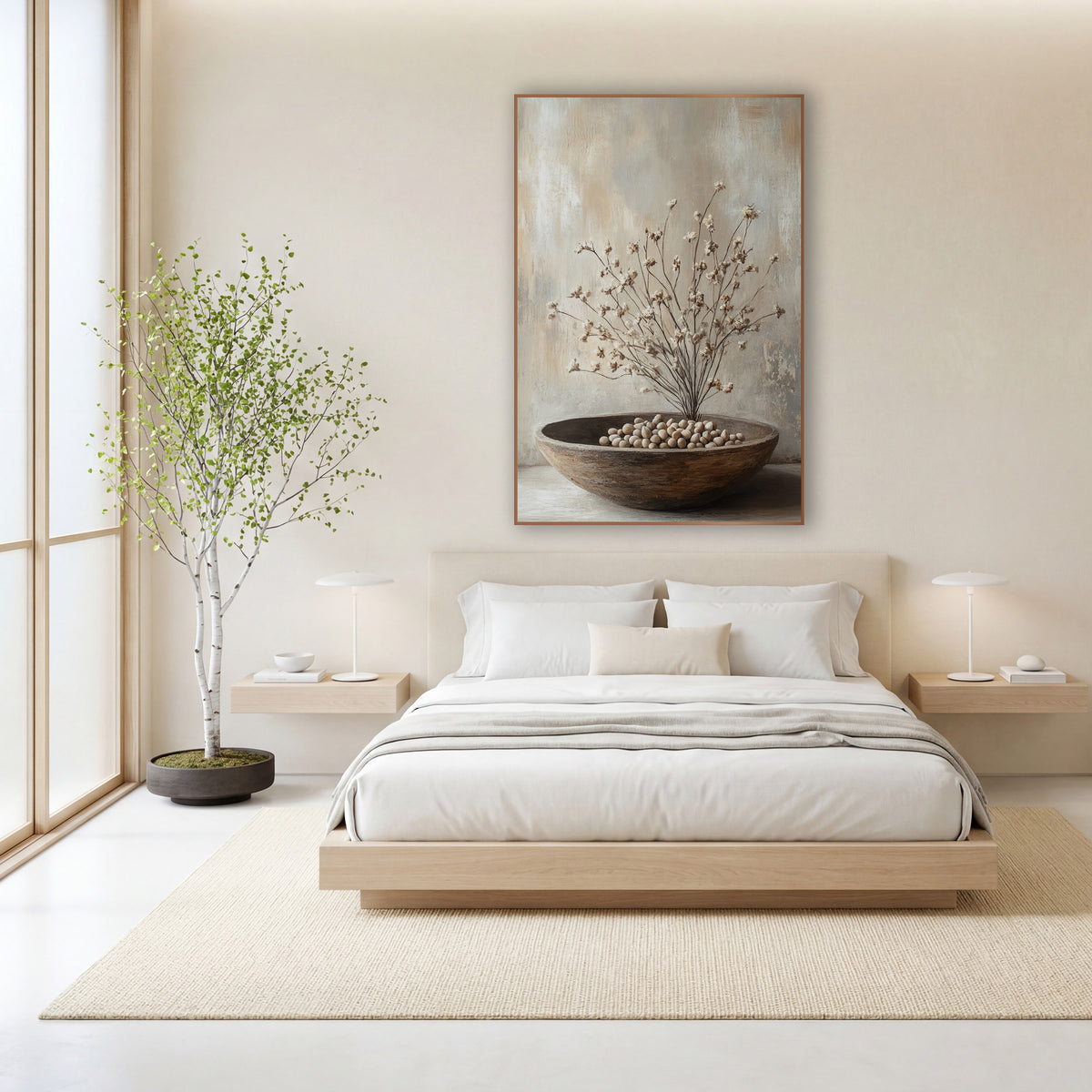 Dried Blossom Branches Neutral Still Life wall art in a calm Japandi-style room – still life of dried branches