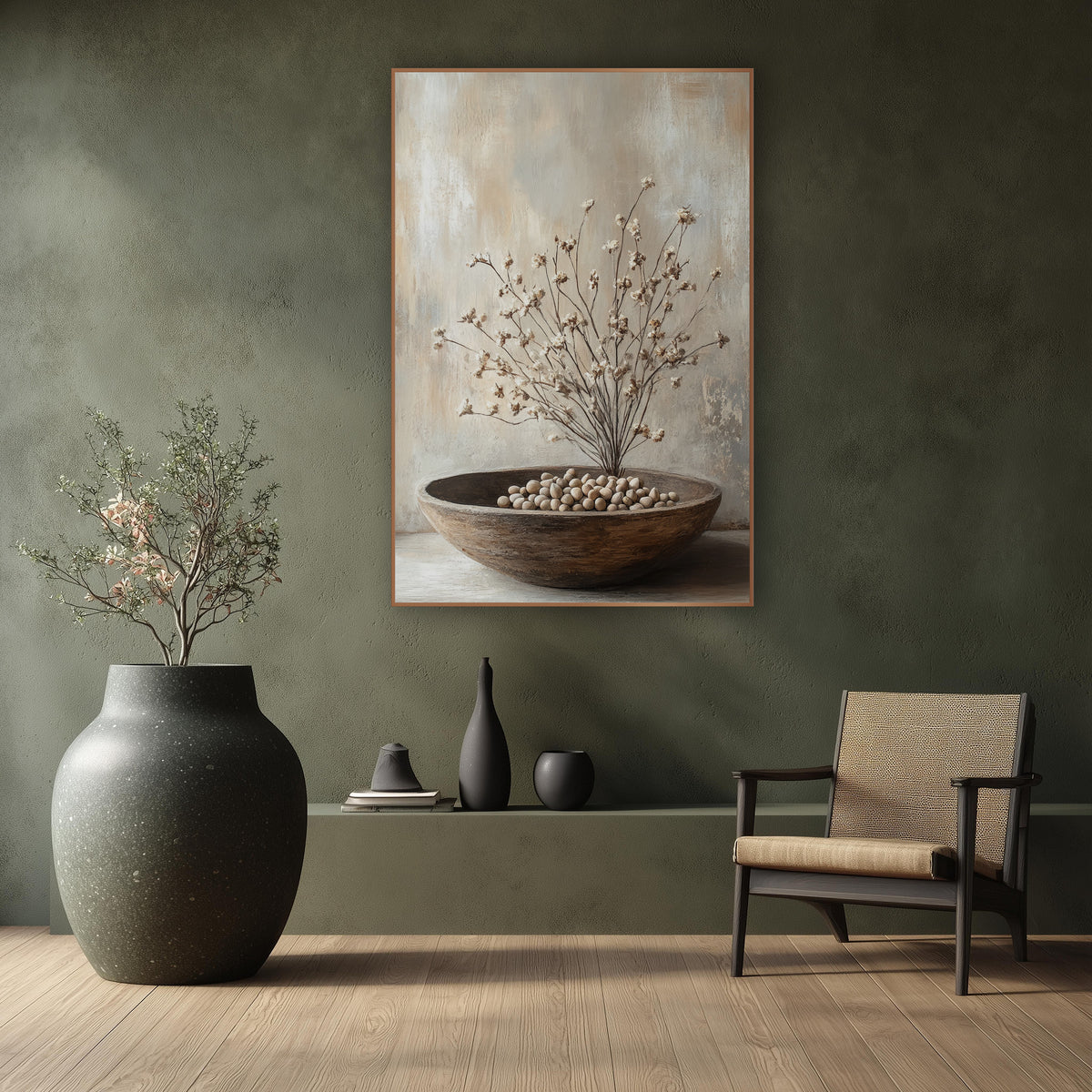Dried Blossom Branches Neutral Still Life wall art in a calm Japandi-style room – still life of dried branches