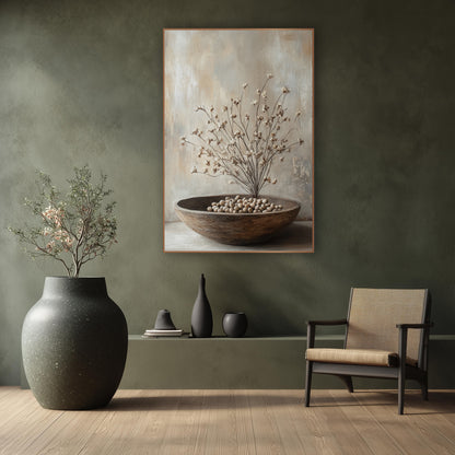 Dried Blossom Branches Neutral Still Life wall art in a calm Japandi-style room – still life of dried branches