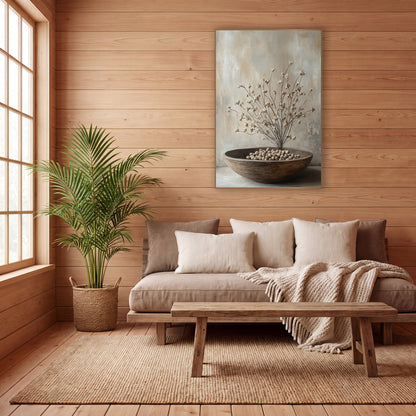 Dried Blossom Branches Neutral Still Life wall art in a calm Japandi-style room – still life of dried branches