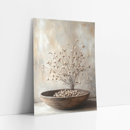Dried Blossom Branches Neutral Still Life art print leaning against a white wall – still life of dried branches with tiny
