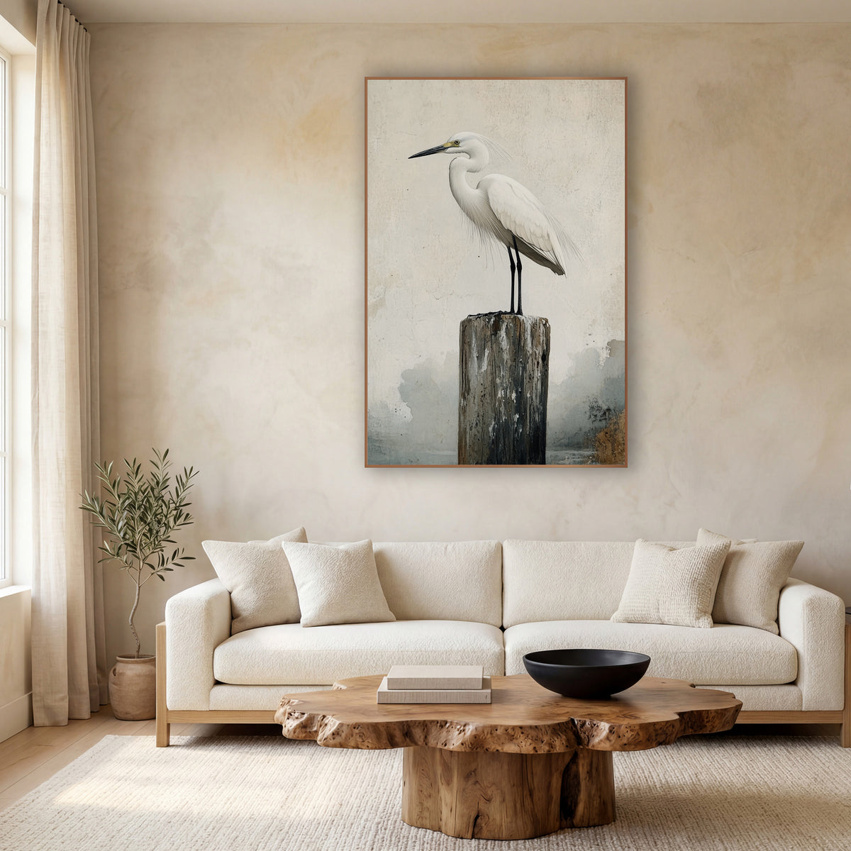 White Egret Weathered Post Japandi wall art in a calm Japandi-style room – white egret standing on a weathered wooden