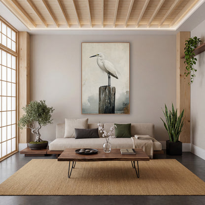 White Egret Weathered Post Japandi wall art in a calm Japandi-style room – white egret standing on a weathered wooden