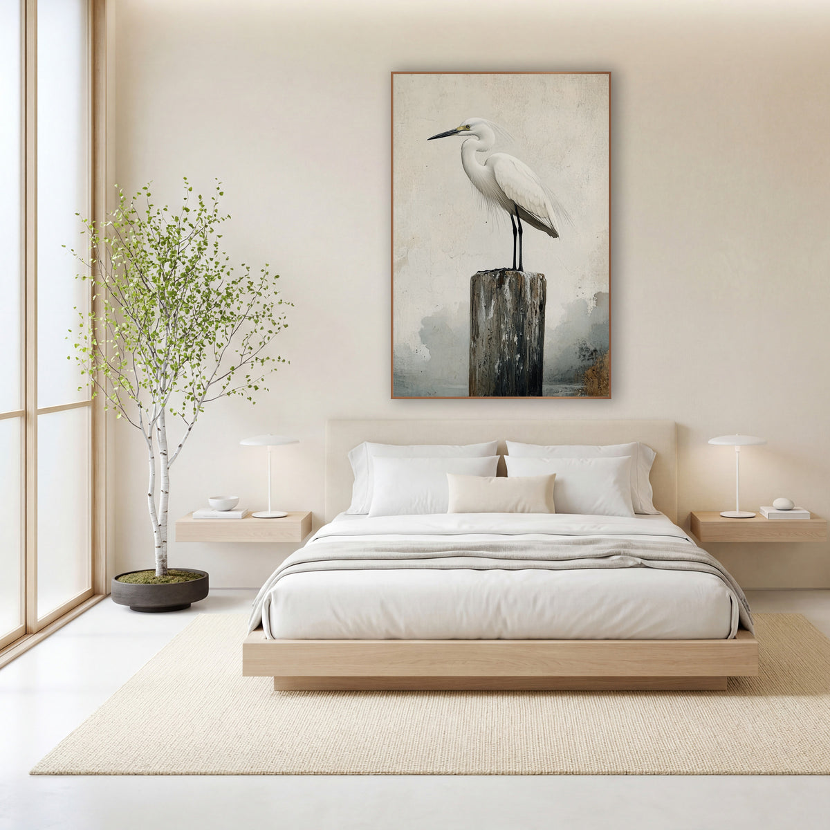 White Egret Weathered Post Japandi wall art in a calm Japandi-style room – white egret standing on a weathered wooden