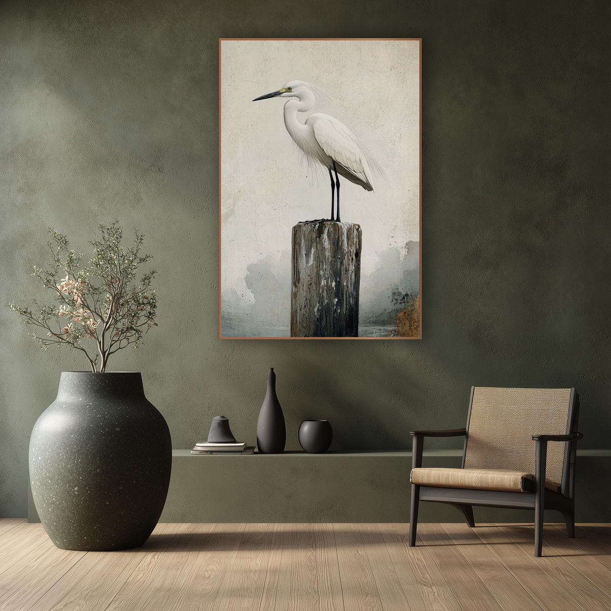 White Egret Weathered Post Japandi wall art in a calm Japandi-style room – white egret standing on a weathered wooden