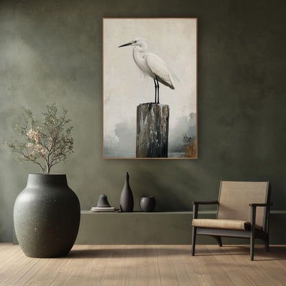 White Egret Weathered Post Japandi wall art in a calm Japandi-style room – white egret standing on a weathered wooden