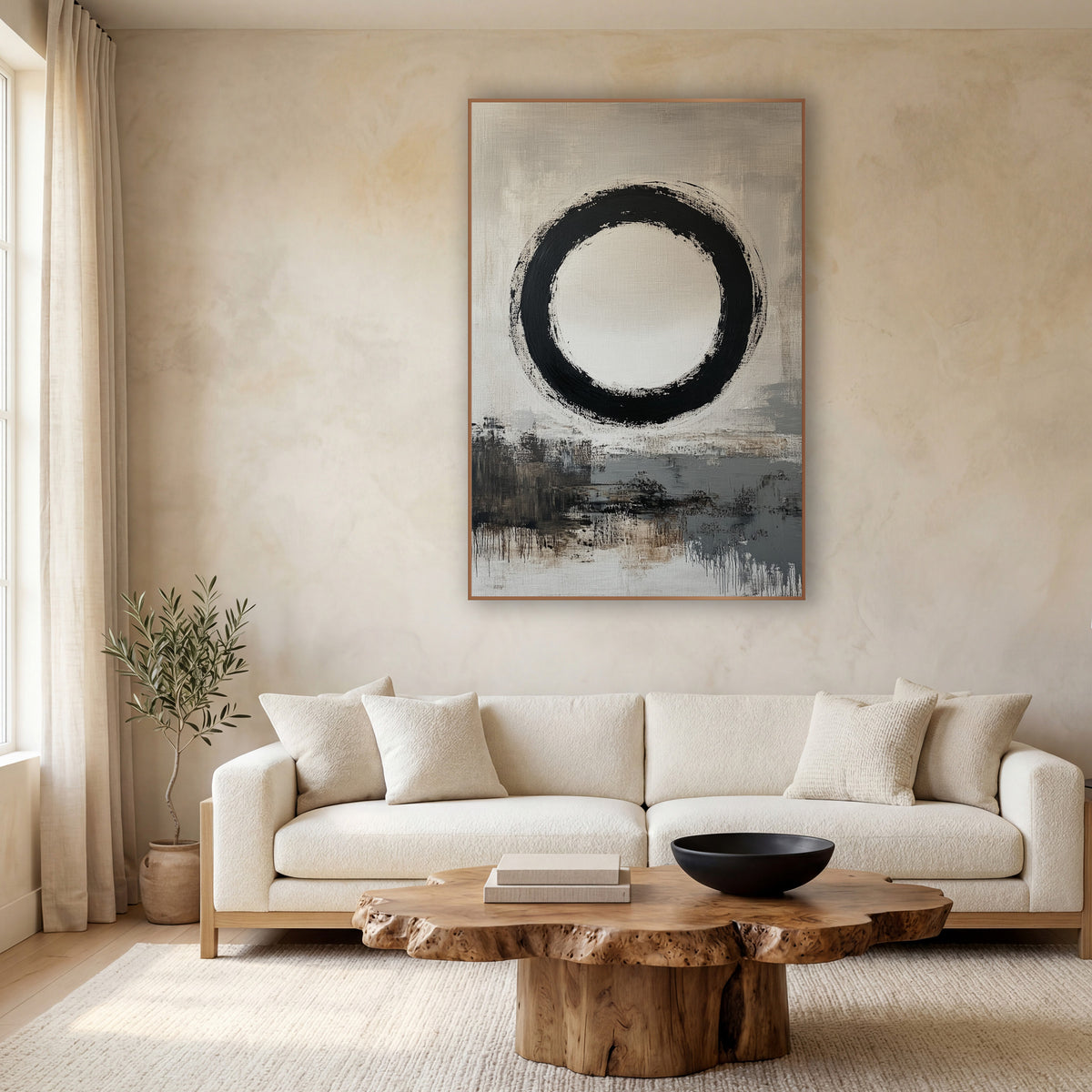 Floating Enso Taupe Horizon wall art in a calm Japandi-style room – large black enso brush circle with a cream center