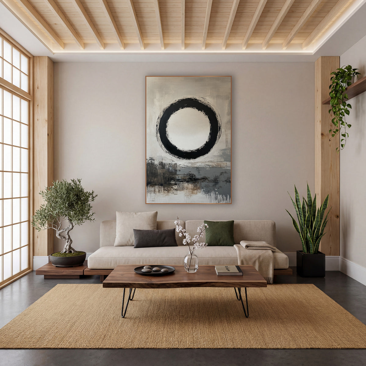 Floating Enso Taupe Horizon wall art in a calm Japandi-style room – large black enso brush circle with a cream center