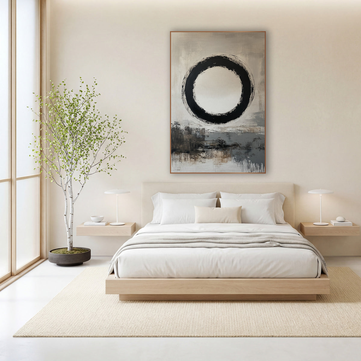 Floating Enso Taupe Horizon wall art in a calm Japandi-style room – large black enso brush circle with a cream center