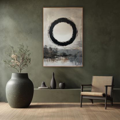 Floating Enso Taupe Horizon wall art in a calm Japandi-style room – large black enso brush circle with a cream center