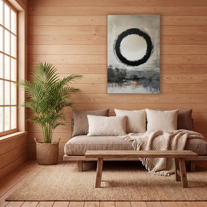 Floating Enso Taupe Horizon wall art in a calm Japandi-style room – large black enso brush circle with a cream center