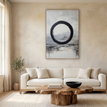 Grounded Enso Gray Reflections wall art in a calm Japandi-style room – black enso brush circle over a soft gray