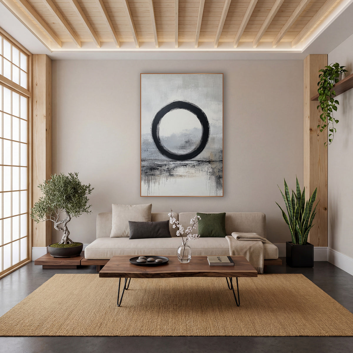 Grounded Enso Gray Reflections wall art in a calm Japandi-style room – black enso brush circle over a soft gray