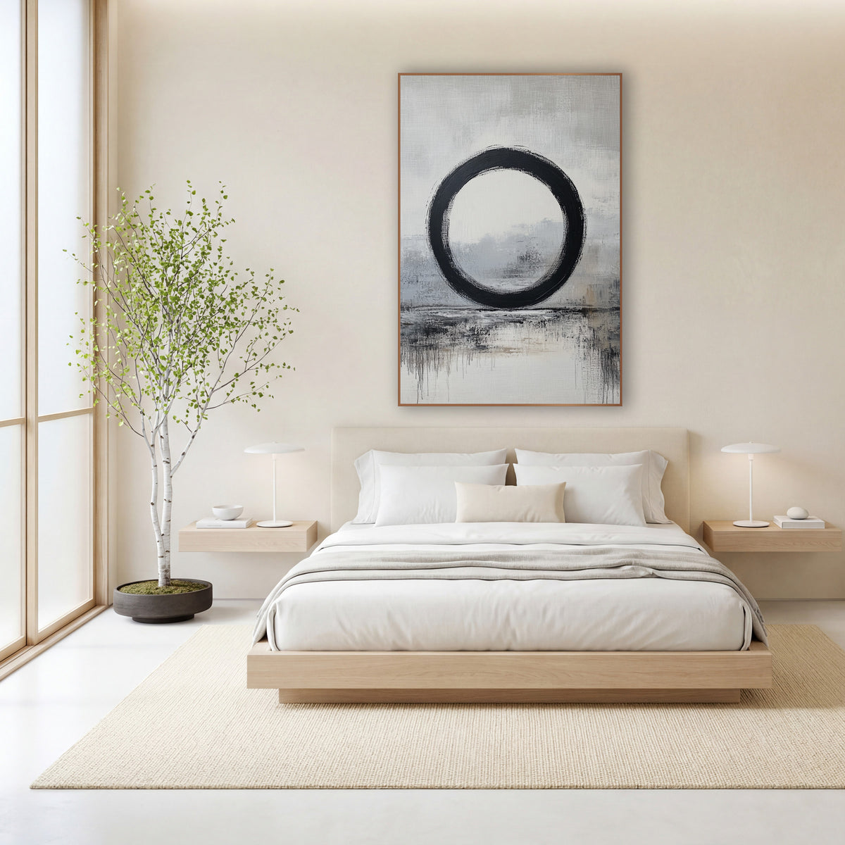 Grounded Enso Gray Reflections wall art in a calm Japandi-style room – black enso brush circle over a soft gray