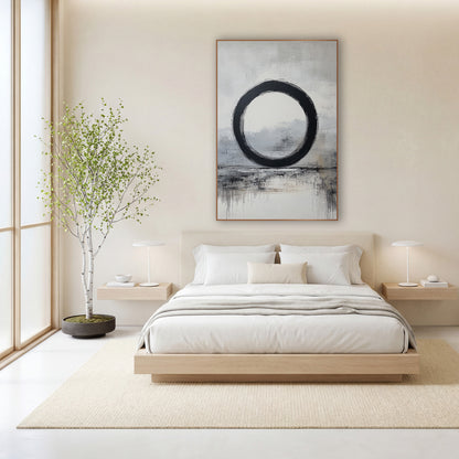 Grounded Enso Gray Reflections wall art in a calm Japandi-style room – black enso brush circle over a soft gray
