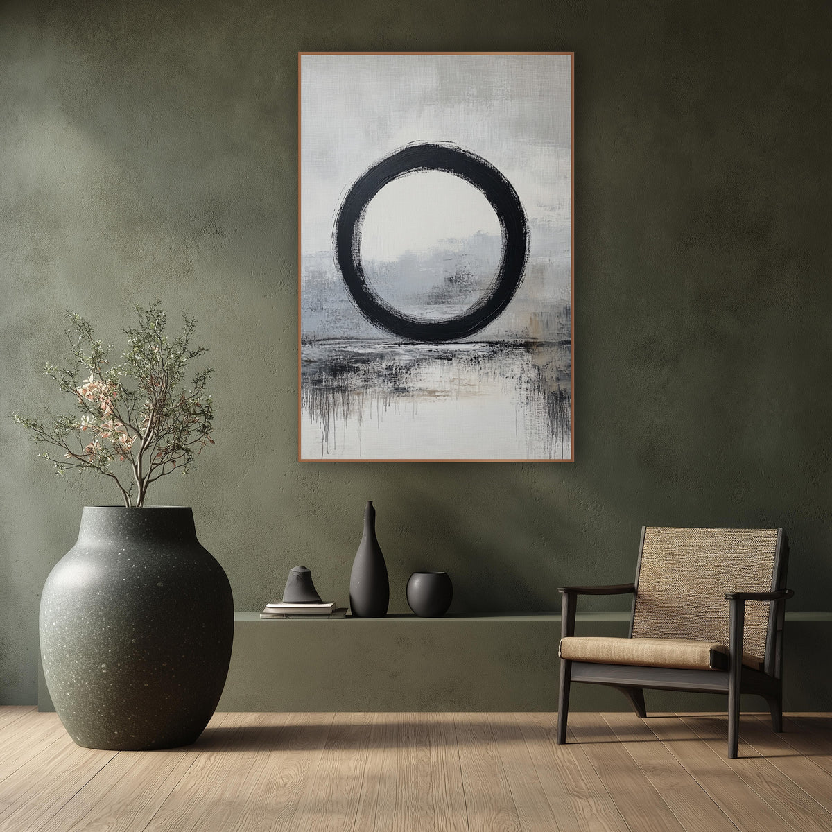 Grounded Enso Gray Reflections wall art in a calm Japandi-style room – black enso brush circle over a soft gray