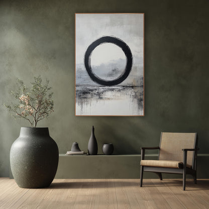 Grounded Enso Gray Reflections wall art in a calm Japandi-style room – black enso brush circle over a soft gray